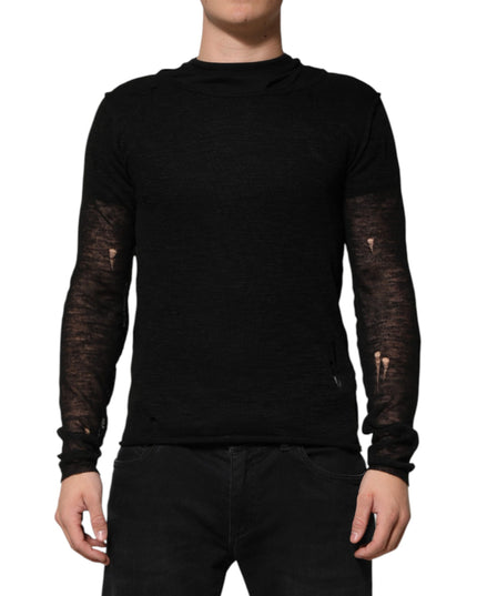 Dolce & Gabbana Black Linen Mesh Tattered Longsleeves T-shirt