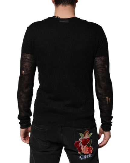 Dolce & Gabbana Black Linen Mesh Tattered Longsleeves T-shirt