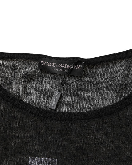 Dolce & Gabbana Black Linen Mesh Tattered Longsleeves T-shirt