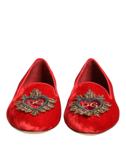 Dolce & Gabbana Red Velvet DG Heart Loafers Flat Shoes