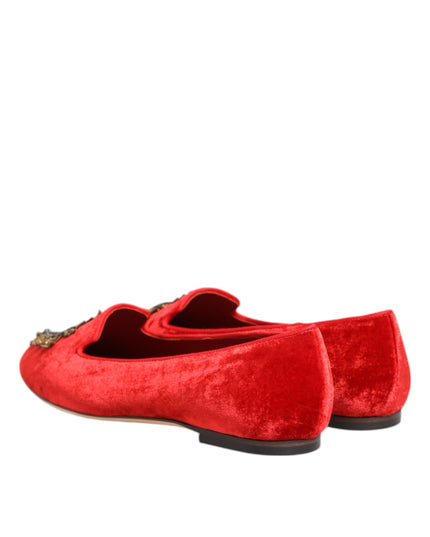 Dolce & Gabbana Red Velvet DG Heart Loafers Flat Shoes