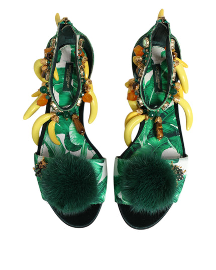 Dolce & Gabbana Green Mink Fur Satin Banana Leaf Sandals Shoes