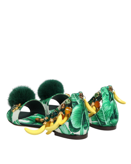 Dolce & Gabbana Green Mink Fur Satin Banana Leaf Sandals Shoes