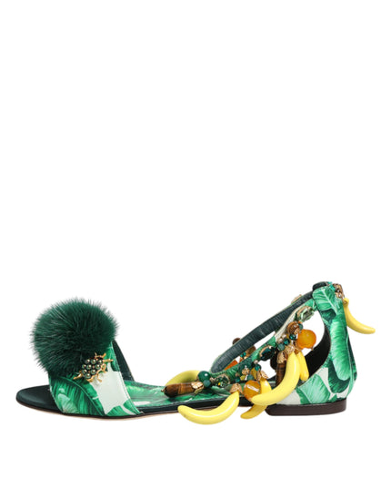 Dolce & Gabbana Green Mink Fur Satin Banana Leaf Sandals Shoes