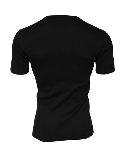 Dolce & Gabbana Black Cotton Knit Crew Neck Henley T-shirt