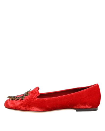 Dolce & Gabbana Red Velvet DG Heart Loafers Flats Shoes