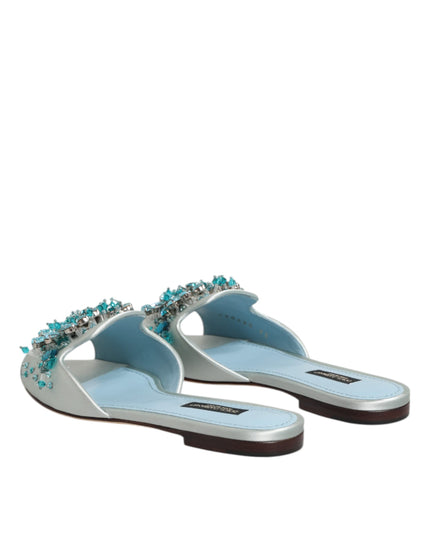 Dolce & Gabbana Silver Blue Leather Bead Embellish Slide Shoes