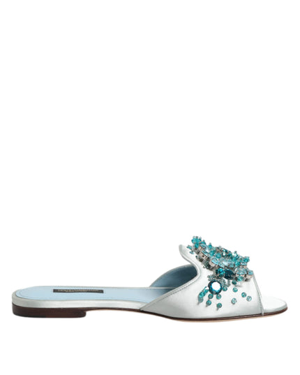 Dolce & Gabbana Silver Blue Leather Bead Embellish Slide Shoes