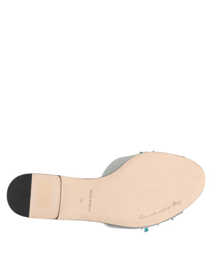 Dolce & Gabbana Silver Blue Leather Bead Embellish Slide Shoes