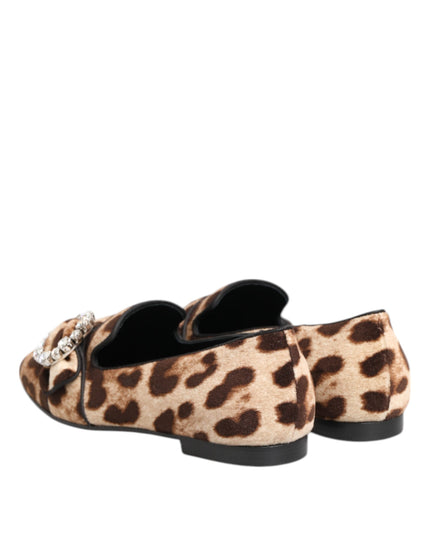 Dolce & Gabbana Brown Leopard Print Crystals Loafers Flats Shoes