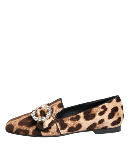 Dolce & Gabbana Brown Leopard Print Crystals Loafers Flats Shoes