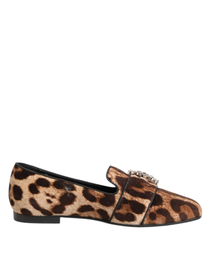 Dolce & Gabbana Brown Leopard Print Crystals Loafers Flats Shoes
