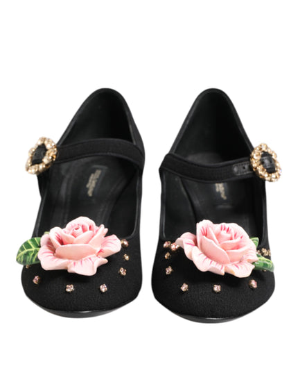 Dolce & Gabbana Black Flower Crystal Embellished Mary Jane Shoes