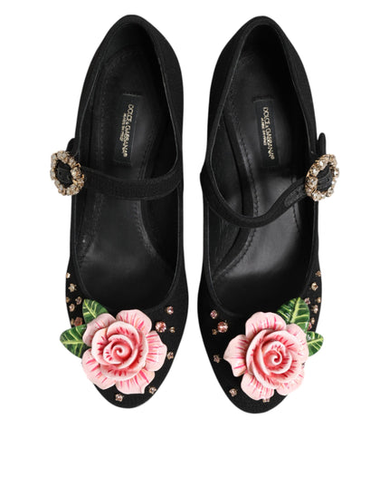 Dolce & Gabbana Black Flower Crystal Embellished Mary Jane Shoes