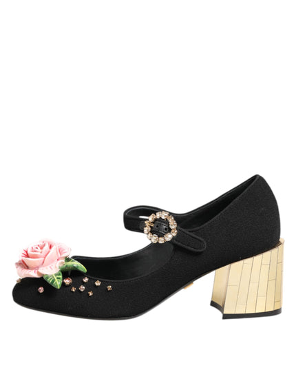 Dolce & Gabbana Black Flower Crystal Embellished Mary Jane Shoes