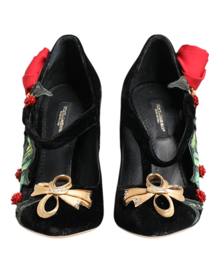 Dolce & Gabbana Black Roses Crystal Brooch Mary Jane Shoes