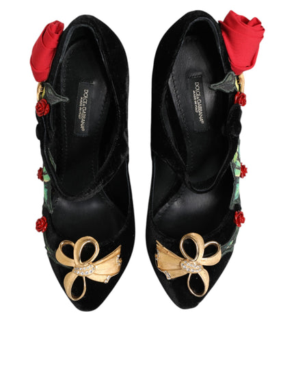 Dolce & Gabbana Black Roses Crystal Brooch Mary Jane Shoes