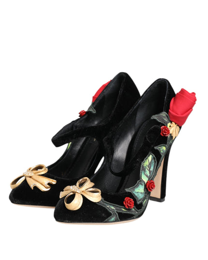 Dolce & Gabbana Black Roses Crystal Brooch Mary Jane Shoes