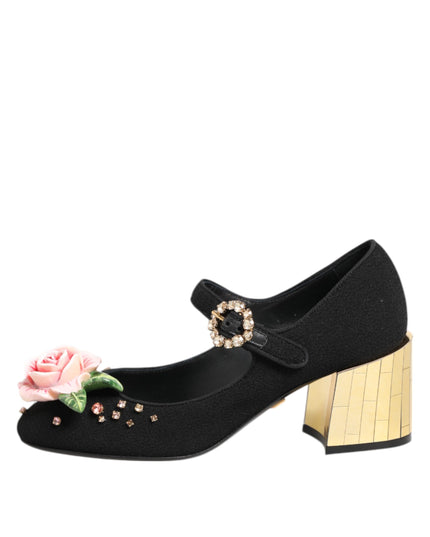 Dolce & Gabbana Black Flower Crystal Embellished Mary Jane Shoes