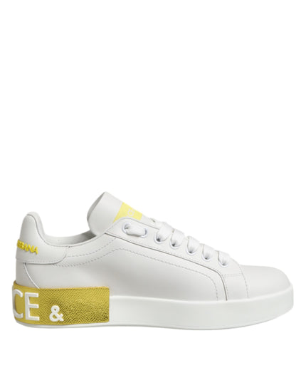 Dolce & Gabbana White Yellow Leather Low Top Sneakers Shoes