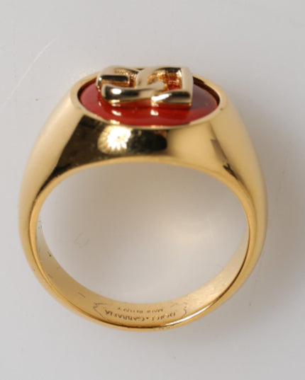 Dolce & Gabbana Gold Tone Real Brass Red DG Logo Men Ring