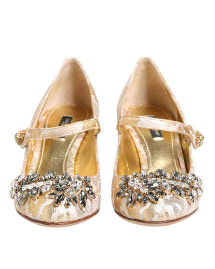 Dolce & Gabbana Gold Jacquard Crystal Mary Janes Pumps Shoes
