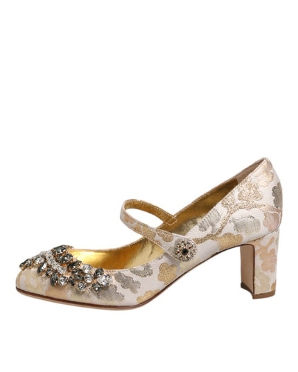Dolce & Gabbana Gold Jacquard Crystal Mary Janes Pumps Shoes