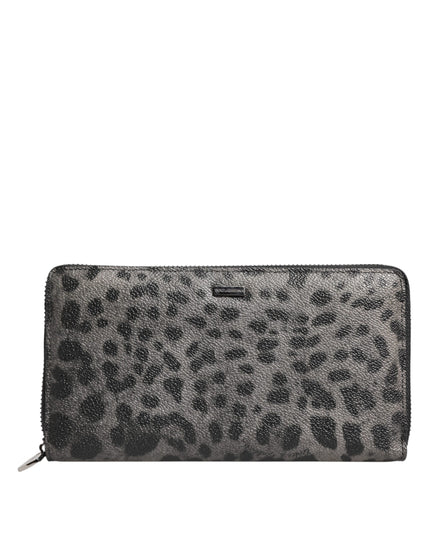 Dolce & Gabbana Black Gray Leopard Leather Zip Around Continental Wallet