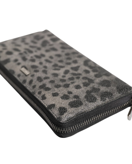 Dolce & Gabbana Black Gray Leopard Leather Zip Around Continental Wallet