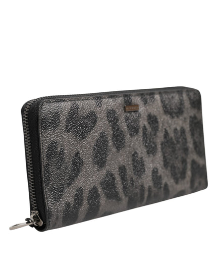 Dolce & Gabbana Black Gray Leopard Leather Zip Around Continental Wallet