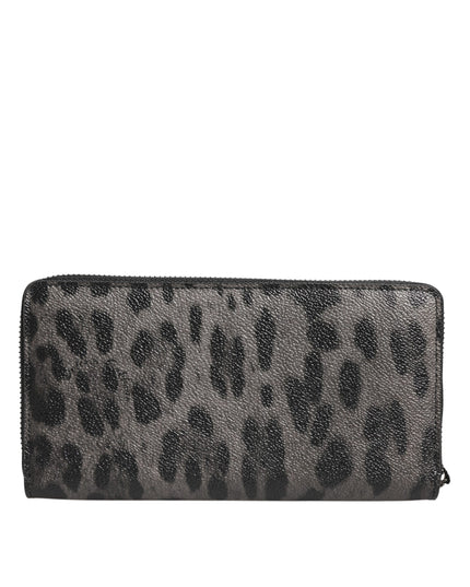 Dolce & Gabbana Black Gray Leopard Leather Zip Around Continental Wallet