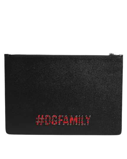 Dolce & Gabbana Black Leather #DGFAMILY Embellished Men Clutch Pouch Bag