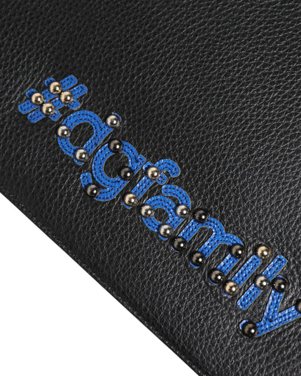 Dolce & Gabbana Black Leather #DGFAMILY Embellished Men Clutch Pouch Bag