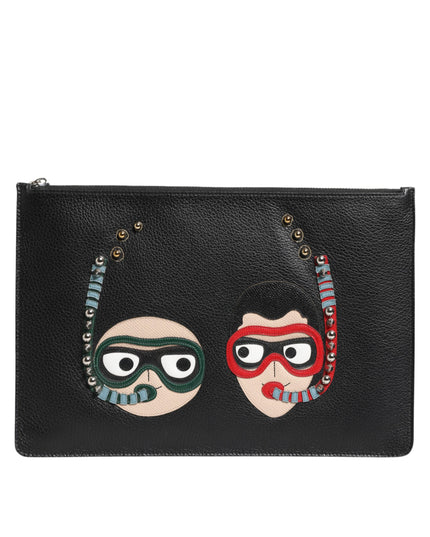 Dolce & Gabbana Black Leather #DGFAMILY Embellished Men Clutch Pouch Bag