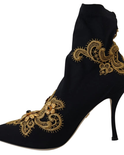 Dolce & Gabbana Black Gold Embroidery Crystal Boots Shoes