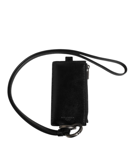 Dolce & Gabbana Black Leather Logo Embossed Lanyard Card Holder Wallet