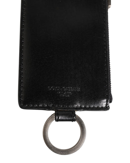 Dolce & Gabbana Black Leather Logo Embossed Lanyard Card Holde Wallet