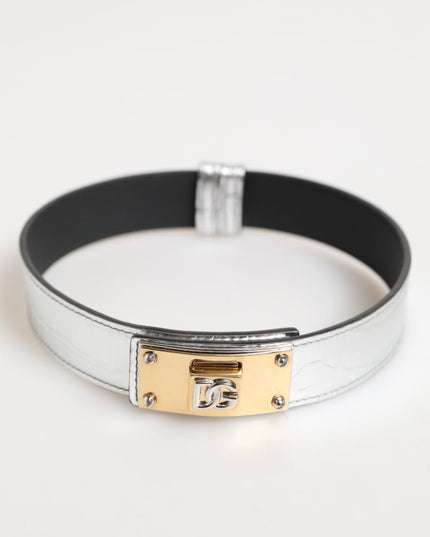 Dolce & Gabbana Silver Textured Leather Gold Tone Metal Neckband