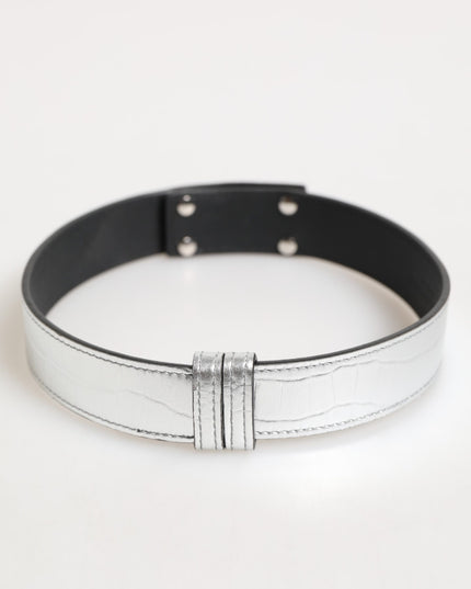 Dolce & Gabbana Silver Textured Leather Gold Tone Metal Neckband