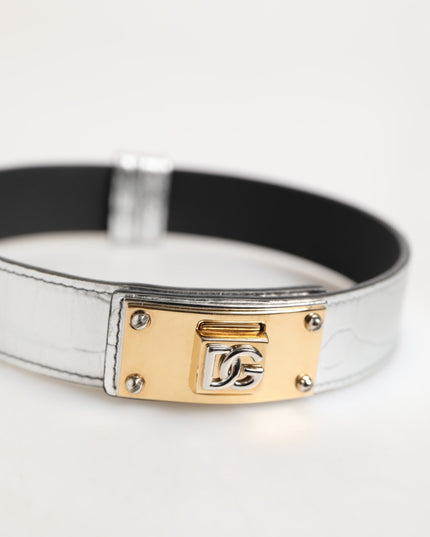Dolce & Gabbana Silver Textured Leather Gold Tone Metal Neckband