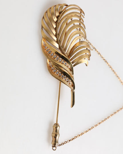 Dolce & Gabbana Gold Tone Leaf 925 Sterling Silver Crystal Chain Brooch