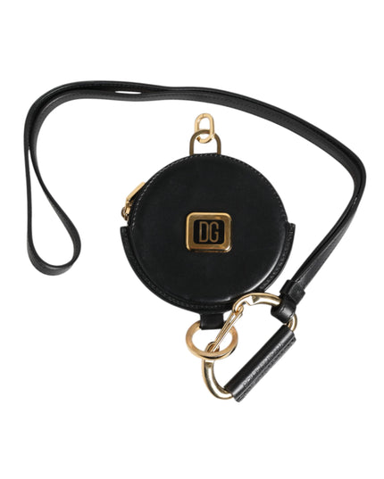 Dolce & Gabbana Black Round Leather DG Logo Coin Purse Lanyard Wallet