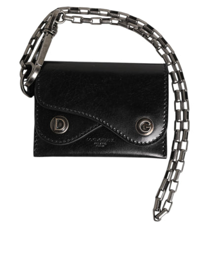 Dolce & Gabbana Black Cavallo Leather Wallet Chain Snap Bifold Card Holder