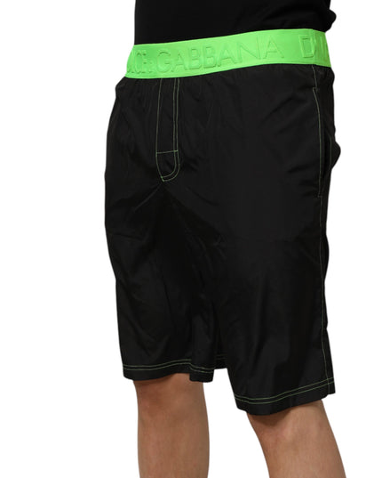 Dolce & Gabbana Black Green Logo Waistband Beachwear Short Swimwear