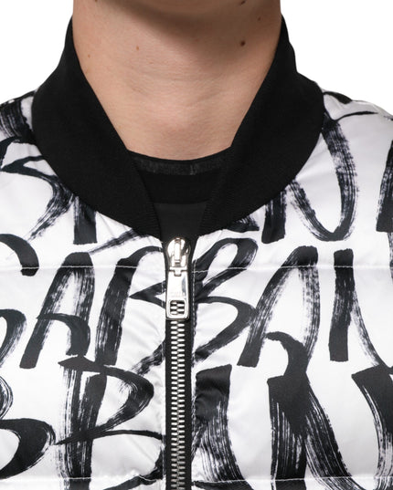Dolce & Gabbana White Black Graffiti Logo Puffer Bomber Jacket