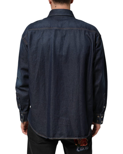 Dolce & Gabbana Blue Denim Button Casual Logo Patch Men Shirt