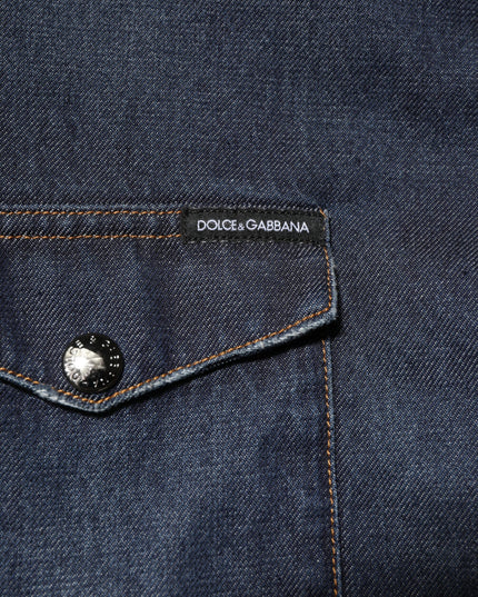 Dolce & Gabbana Blue Denim Button Casual Logo Patch Men Shirt