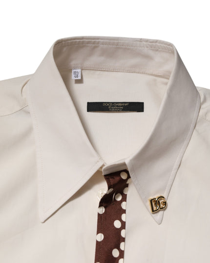 Dolce & Gabbana Cream White Cotton Polka Dot Slim Fit Shirt