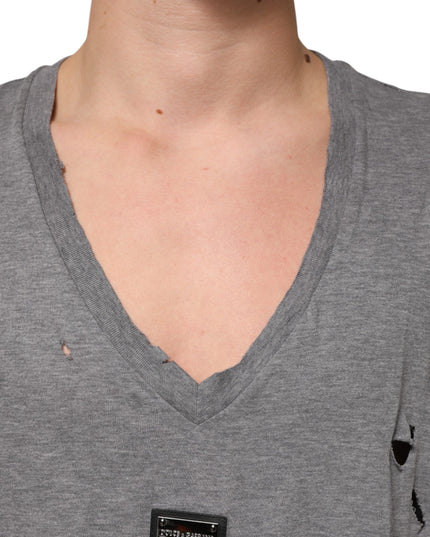 Dolce & Gabbana Gray Cotton Tattered Logo Patch Men T-shirt