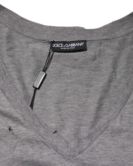 Dolce & Gabbana Gray Cotton Tattered Logo Patch Men T-shirt
